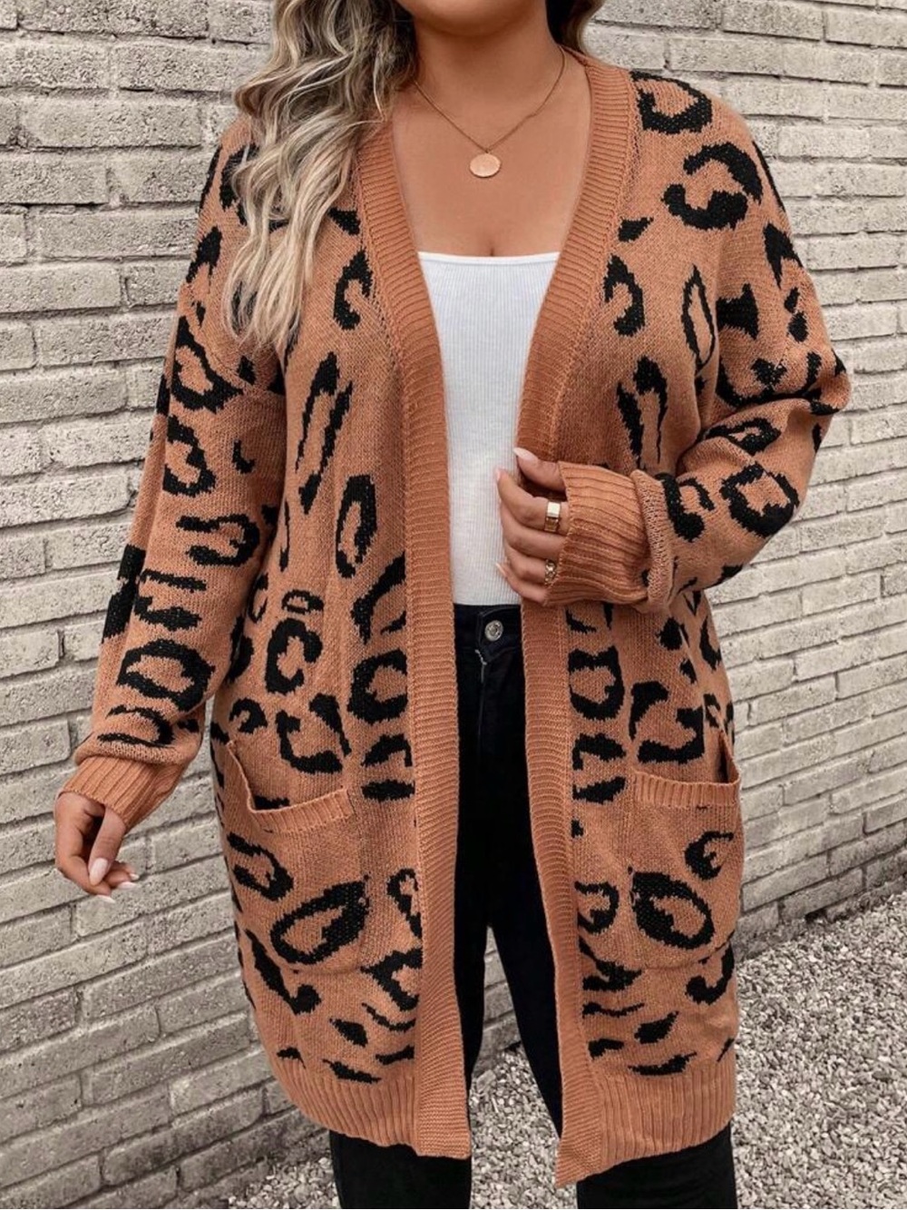 Women's Leopard Print Open-Front Cardigan Sweater - Camel/Black